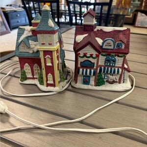 Two Holiday Village Ceramic Light-Up Houses - Red and White